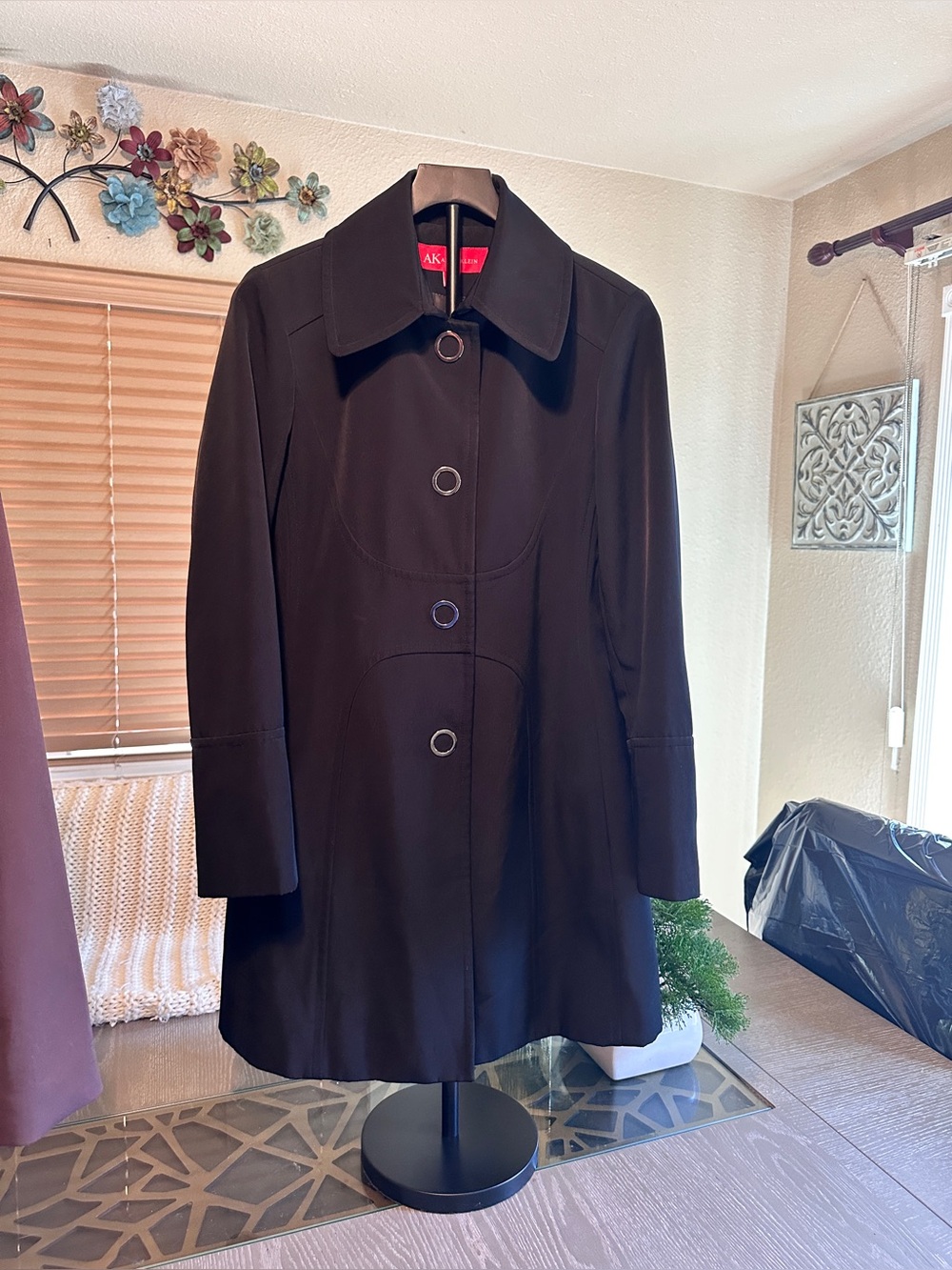 Anne Klein Black Single-Breasted A-Line Trench Coat
